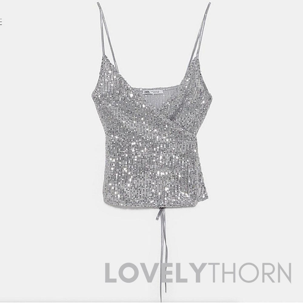 ZARA // silver sequin wrap top - Picture 3 of 8